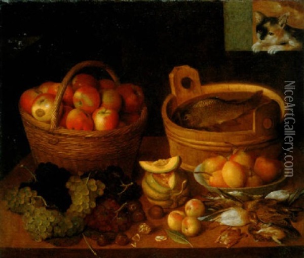 Un Chat Observant Par Une Lucarne Des Fruits, Poissons Et Gibier Poses Sur Une Table Oil Painting - Pieter Binoit