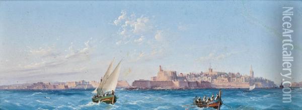 Fishing Boats Off Valetta Oil Painting - Luigi Maria Galea