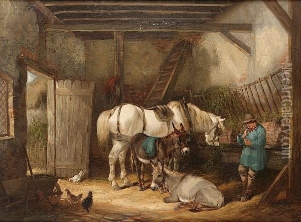 Interior Of A Stable With Farm Animals Oil Painting - Henry Shayer