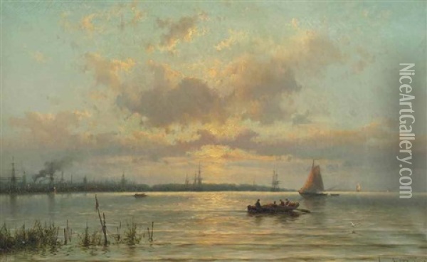 Gezigt Op De Maas Voor Rotterdam Bij Ondergaande Zon: Ships On The River Maas At Sunset, Rotterdam Oil Painting - Johannes Hermanus Barend Koekkoek