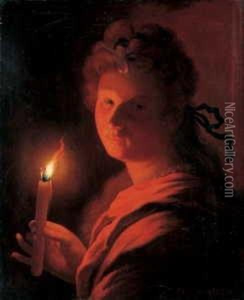 Junge Frau Mit Brennender Kerze. Oil Painting - Godfried Schalcken