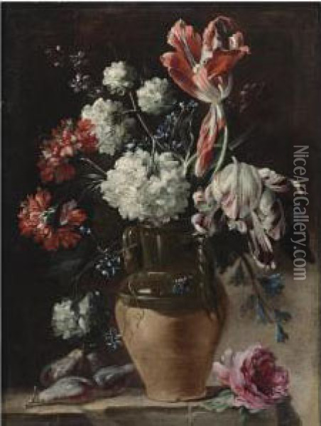 Still Life With Tulips, 
Carnations And Other Flowers In A Ceramic Vase, A Bunch Of Figs, And A 
Rose, All Resting On A Stone Ledge Oil Painting - Andrea Belvedere