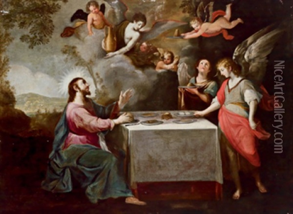 Christus Mit Engeln Speisen Segnend Oil Painting - Josef Ferdinand Fromiller