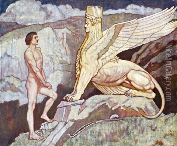 Oidipus And The Sphinx Oil Painting - John Duncan