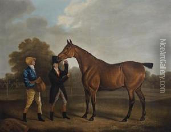 Portrait Of A Race Horse With Jockey And Trainer Oil Painting - Benjamin Marshall