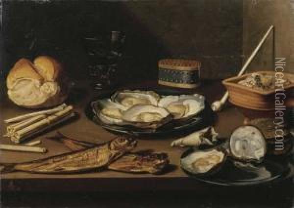 Pewter Plates With Opened 
Oysters, Two Mackerel, A Bun, Oystershells, A Bag Of Tobacco, Matches, A
 White Clay Pipe, A Berkemeierof White Wine, A Red Earthenware Brazier 
With Embers And A Pewteroval Tobacco Tin On A Wooden Table Oil Painting - Floris Gerritsz. van Schooten