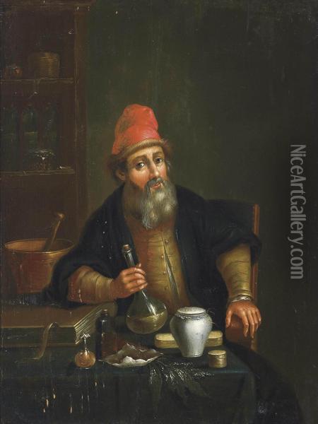 An Apothecary Seated At A Table, Holding A Florence Flask, Leaning On A Book Oil Painting - Christian Wilhelm Ernst Dietrich