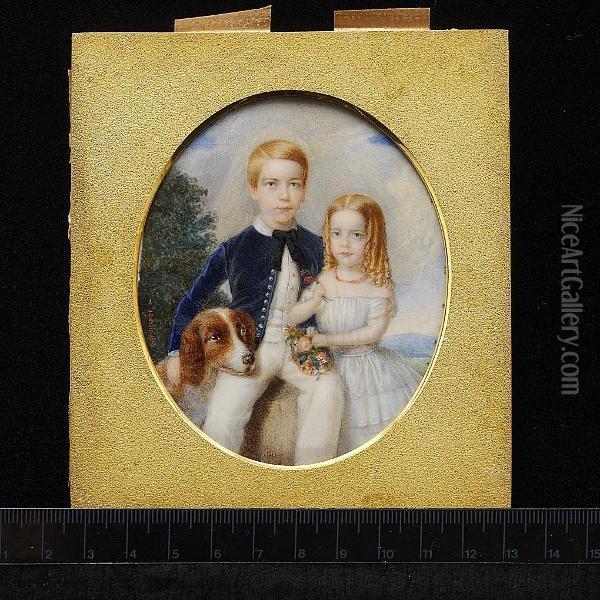Two Children And A Dog Seated In A Landscape; He, Wearing Blue Jacket With Silver Buttons, Black Ribbon Necktie, White Chemise, Waistcoat And Trousers, His Right Hand Rests On His White And Tan Dog, His Left Hand On His Sister's Shoulder, Who Wears White Oil Painting - John Carlin