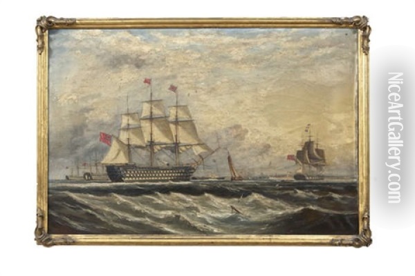 H.m.s. Marlborough And The Red Squadron Off Spithead With Portsmouth And The Royal Yacht Osborne Ii In The Background Oil Painting - Ebenezer Colls