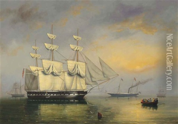 The Royal Yacht Fairy, With Queen Victoria On Board, Threading Her Way Through Ships Of The Fleet Anchored At Spithead Oil Painting - Philip John Ouless