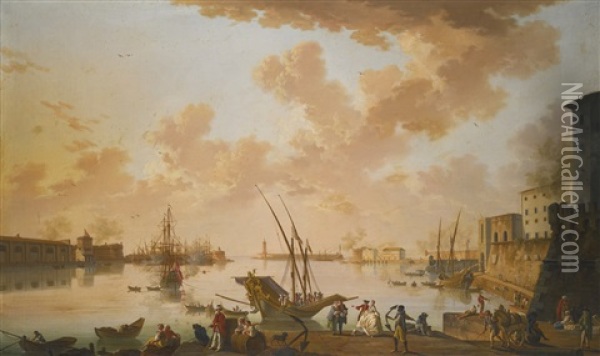 View Of Civitavecchia, 'port Of Rome', With Boats In The Harbour And Figures On The Quay Oil Painting - Charles Francois Lacroix