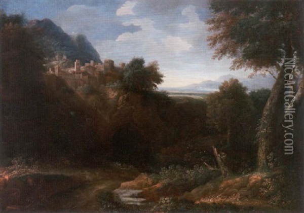 A Wooded Italianate Landscape With A Fortified Town On The Hill Top And The Sea Beyond Oil Painting - Gaspard Dughet