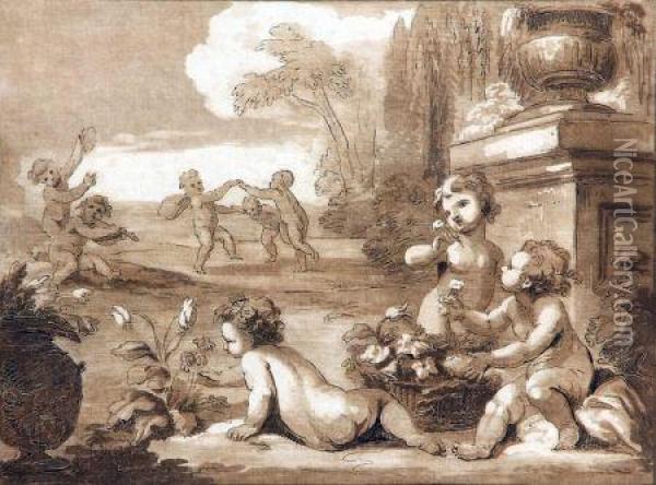 Group Of Putti Playing Oil Painting - Giovanni Batista Cipriani