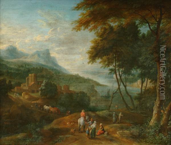 Boudewijns And Pieter Bout An Extensive River Landscape With Figures Around A Village With A Town In The Distance An Extensive Mountainous Landscape With Figures Before A Building A Pair Oil Painting - Adriaen Frans Boudewijns