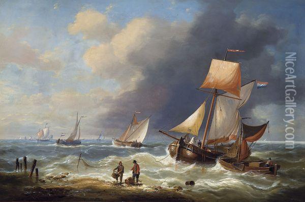 Bateaux De Peche Pres De La Plage Oil Painting - Louis Verboeckhoven