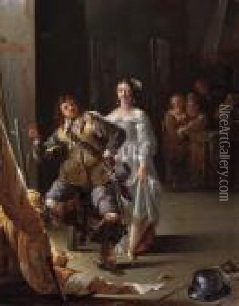 A Kortegaardje: A Woman Flirting With An Ensign In An Inn Oil Painting - Jacob Duck