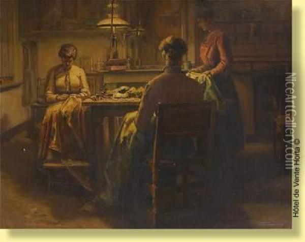Les Ravaudeuses A La Lueur Oil Painting - Jean-Baptiste Coene