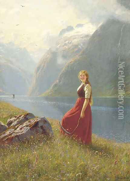 A young harvester at a sunlit fjord Oil Painting - Hans Dahl