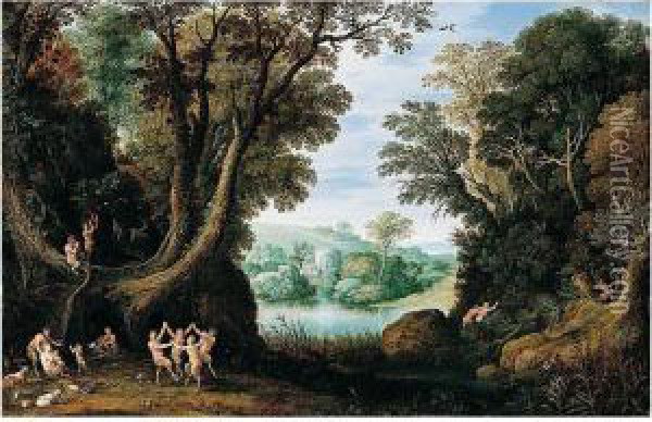 A Classical Landscape With The Satyr's Family Oil Painting - Marten Ryckaert