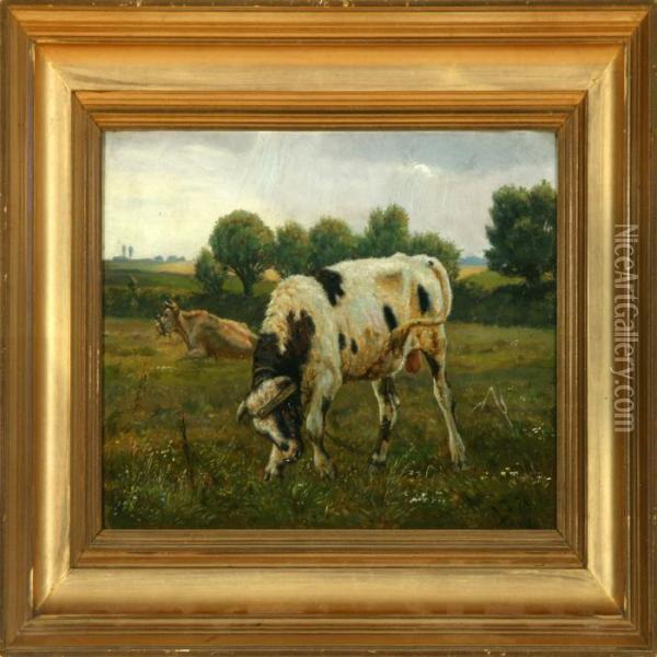 Evening Summer Landscape With Grazing Cattle. Signed And Dated V. I. 78 Oil Painting - Valdemar Irminger