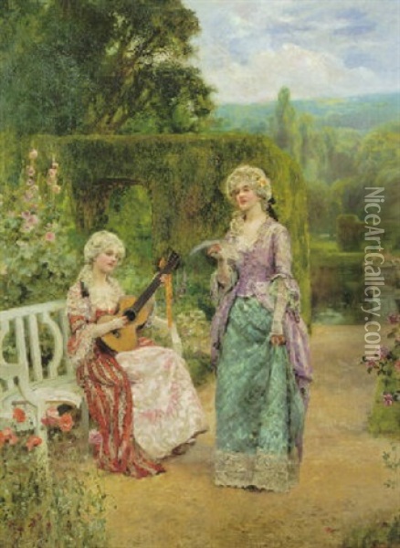 Summer Garden Scene With Two Ladies Oil Painting - Henry John Yeend King