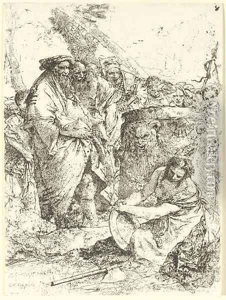 Woman kneeling in front of Magicians and other Figures, from Scherzi Oil Painting - Giovanni Battista Tiepolo