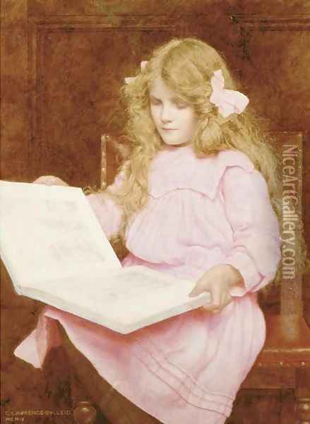 A young girl reading a book, seated in an interior Oil Painting - George Lawrence Bulleid
