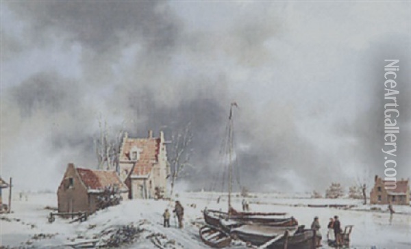 A Dutch Winter Landscape Oil Painting - A. de Groote