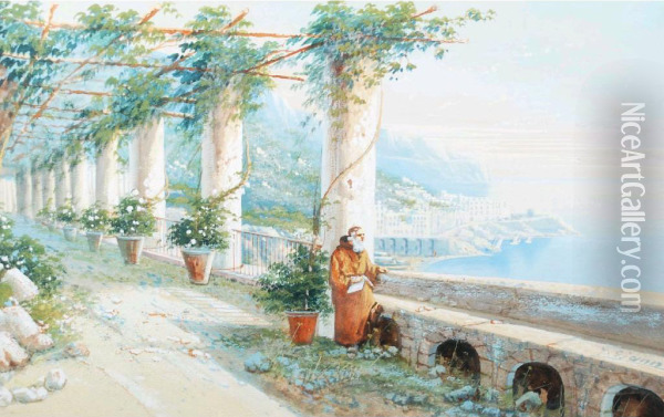 Monk In Cloister Overlooking A Neapolitan Lake Oil Painting - Gianni