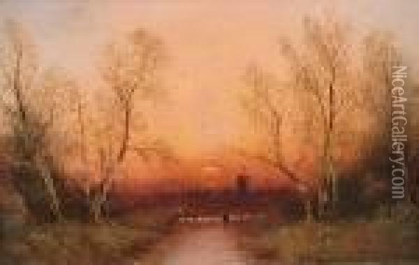 Home By Sunset; Snow At Sunset Oil Painting - Nils Hans Christiansen