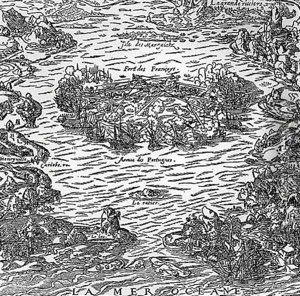 The capture of the Fort of Villegagnon from La Cosmographie universelle by Andre Thevet, c.1560 Oil Painting - Andre Thevet