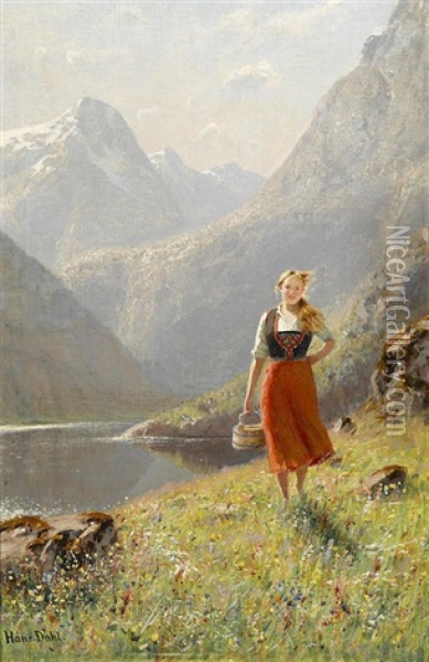 A Young Girl With A Basket In The Mountains Oil Painting - Hans Dahl