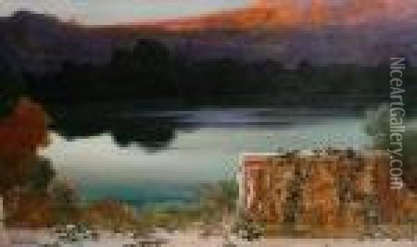 Lake Scene At Sunset Oil Painting - Enrique Serra y Auque
