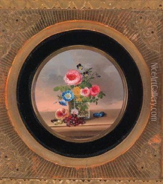 Blumen In Glasvase Und Fruchte Oil Painting - Johann Knapp