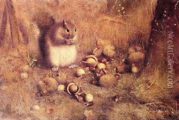 Squirrel with Nuts Oil Painting - Joseph Decker