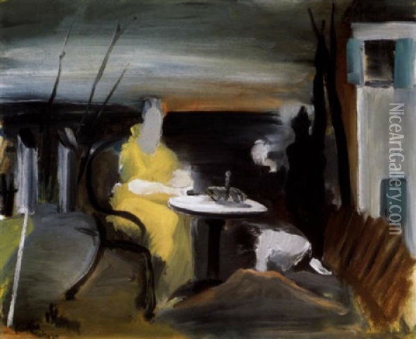 Kerti Asztalnal,1930 (by A Garden Table) Oil Painting - Istvan Farkas