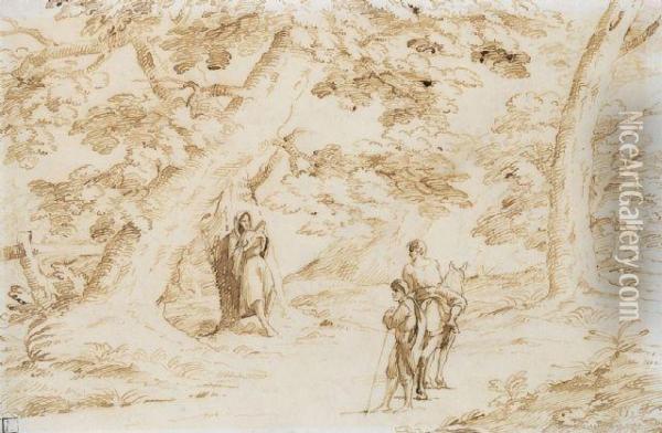 Baumbestandene Landschaft Mit Einem Eremiten Und Reisenden Oil Painting - Guercino