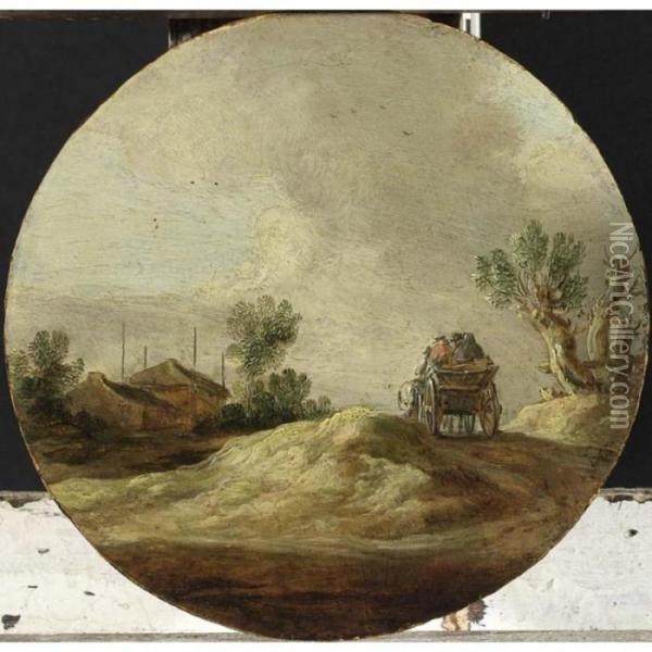 Travellers In A Cart On A Path, A Farm Beyond Oil Painting - Jan van Goyen