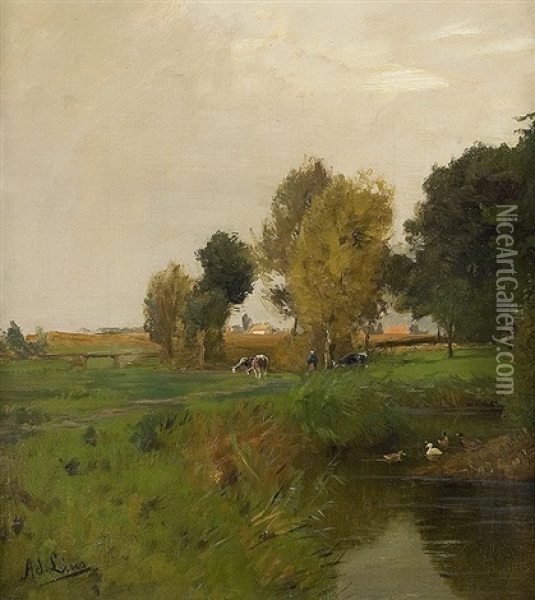 At The Stream Oil Painting - Adolf Lins
