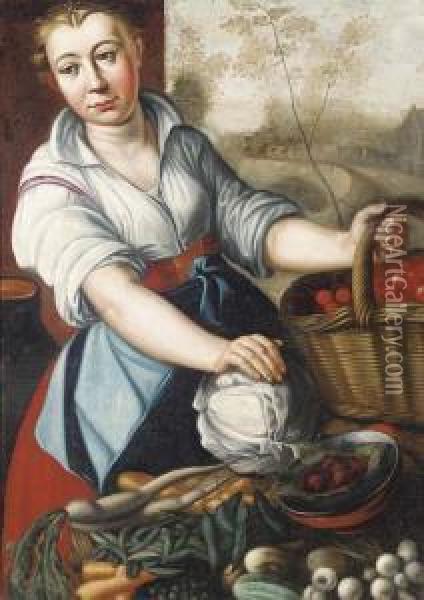A Vegetable Seller Oil Painting - Joachim Beuckelaer