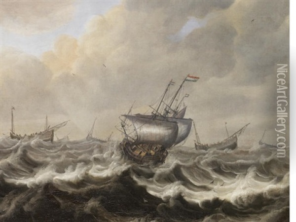 Shipping Foundering In A Stormy Sea Oil Painting - Pieter Coopse