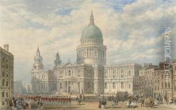 Marching Across The Square, St Paul's Cathedral, London Oil Painting - George Bolton Moore