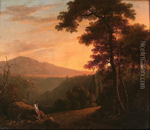 An Italianate Wooded Landscape With A Traveller Resting Near A Path, A Mountain Beyond Oil Painting - Richard Wilson