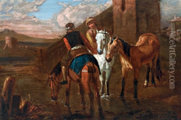 Zwei Reiter An Einer Tranke Oil Painting - Pieter van Bloemen