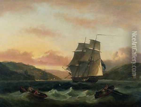 A Brigantine in Full Sail in Dartmouth Harbour Oil Painting - Thomas Luny