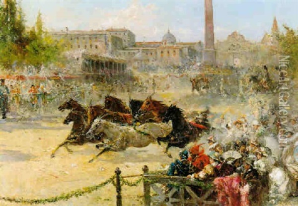 The Race Of The Riderless Horses, Rome Oil Painting - Augusto Alberici