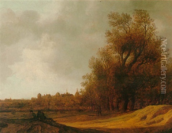 A River Landscape With A Town On The Outskirts Of The Hague Beyond, Two Bell-towers Visible On The Horizon Oil Painting - Anthony Jansz van der Croos