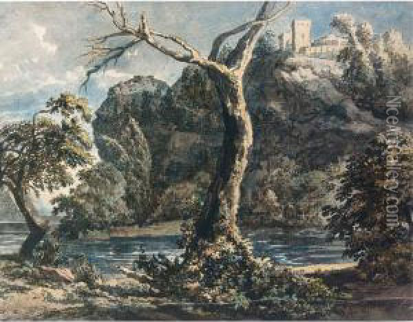 A Rugged River Landscape With A Castle On A Hilltop Oil Painting - Jacobus Van Liender