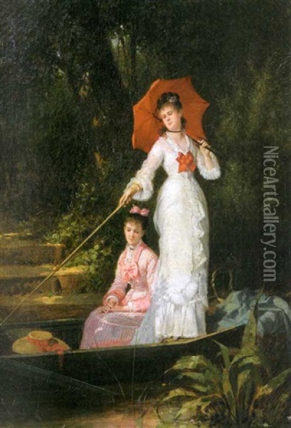 Two Elegantly Dressed Women In A Skiff, Fishing Oil Painting - Charles Desire Hue