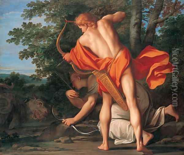 (1618C1729) Apollo and Diana slay the Python 1692C1709 Oil Painting - Marcantonio Bassetti